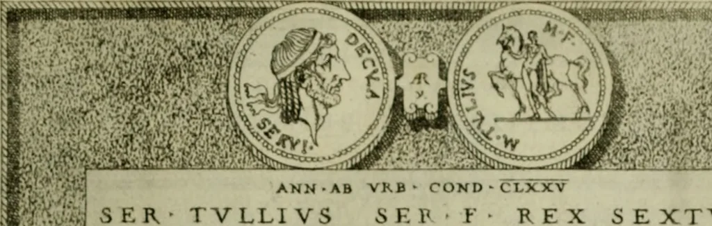 An illustration from Fastos magistratvvm et trivmphorvm Romanorvm ab vrbe condita ad Avgvsti obitvm, ex antiqvis tam nvmismatvm qvam marmorvm monvmentis restitvtos, 1566, leaf 36