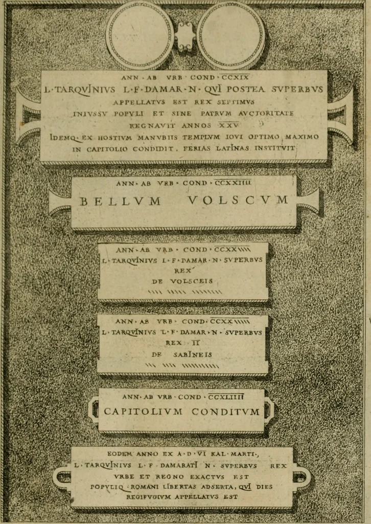 An illustration from Fastos magistratvvm et trivmphorvm Romanorvm ab vrbe condita ad Avgvsti obitvm, ex antiqvis tam nvmismatvm qvam marmorvm monvmentis restitvtos, 1566, leaf 38