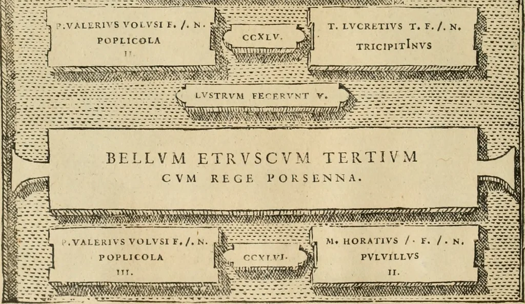 An illustration from Fastos magistratvvm et trivmphorvm Romanorvm ab vrbe condita ad Avgvsti obitvm, ex antiqvis tam nvmismatvm qvam marmorvm monvmentis restitvtos, 1566, leaf 39