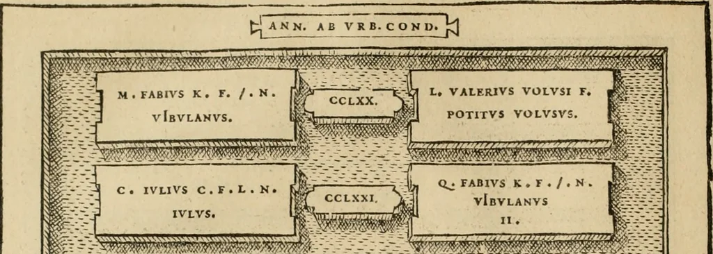 An illustration from Fastos magistratvvm et trivmphorvm Romanorvm ab vrbe condita ad Avgvsti obitvm, ex antiqvis tam nvmismatvm qvam marmorvm monvmentis restitvtos, 1566, leaf 45