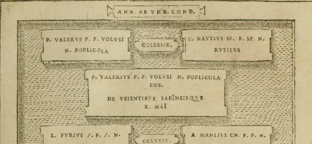 An illustration from Fastos magistratvvm et trivmphorvm Romanorvm ab vrbe condita ad Avgvsti obitvm, ex antiqvis tam nvmismatvm qvam marmorvm monvmentis restitvtos, 1566, leaf 46