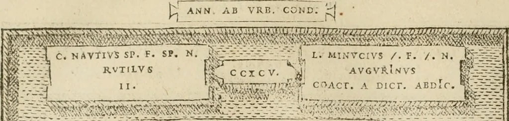An illustration from Fastos magistratvvm et trivmphorvm Romanorvm ab vrbe condita ad Avgvsti obitvm, ex antiqvis tam nvmismatvm qvam marmorvm monvmentis restitvtos, 1566, leaf 49