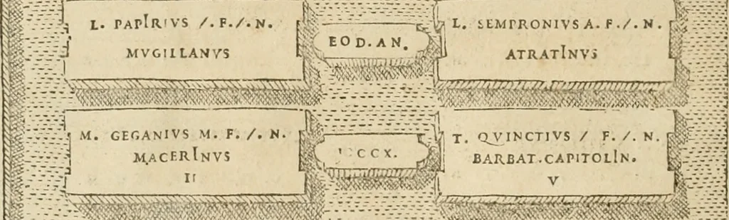 An illustration from Fastos magistratvvm et trivmphorvm Romanorvm ab vrbe condita ad Avgvsti obitvm, ex antiqvis tam nvmismatvm qvam marmorvm monvmentis restitvtos, 1566, leaf 53