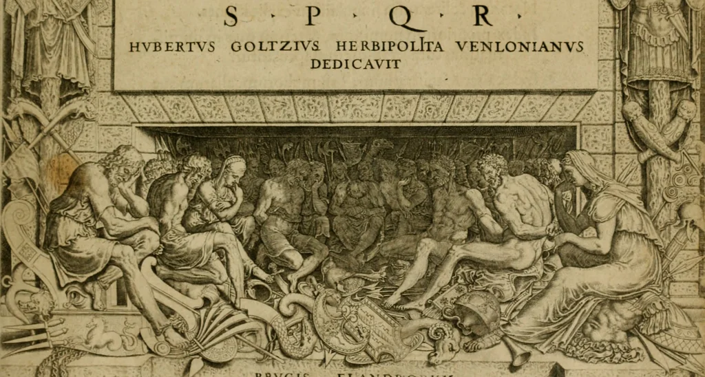An illustration from Fastos magistratvvm et trivmphorvm Romanorvm ab vrbe condita ad Avgvsti obitvm, ex antiqvis tam nvmismatvm qvam marmorvm monvmentis restitvtos, 1566, leaf 6