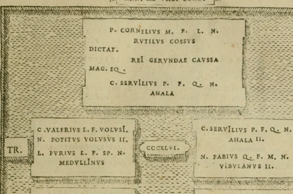 An illustration from Fastos magistratvvm et trivmphorvm Romanorvm ab vrbe condita ad Avgvsti obitvm, ex antiqvis tam nvmismatvm qvam marmorvm monvmentis restitvtos, 1566, leaf 62