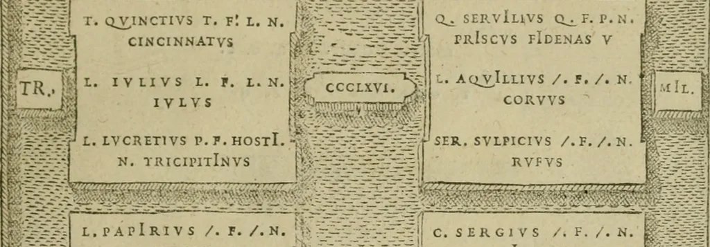 An illustration from Fastos magistratvvm et trivmphorvm Romanorvm ab vrbe condita ad Avgvsti obitvm, ex antiqvis tam nvmismatvm qvam marmorvm monvmentis restitvtos, 1566, leaf 68
