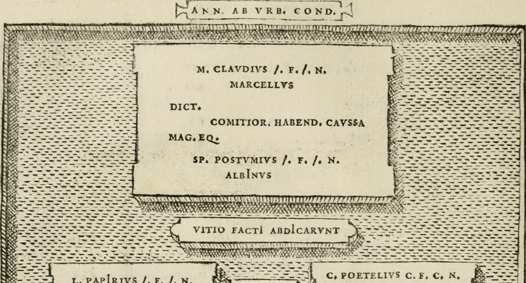 An illustration from Fastos magistratvvm et trivmphorvm Romanorvm ab vrbe condita ad Avgvsti obitvm, ex antiqvis tam nvmismatvm qvam marmorvm monvmentis restitvtos, 1566, leaf 89