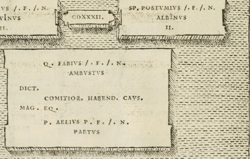 An illustration from Fastos magistratvvm et trivmphorvm Romanorvm ab vrbe condita ad Avgvsti obitvm, ex antiqvis tam nvmismatvm qvam marmorvm monvmentis restitvtos, 1566, leaf 91