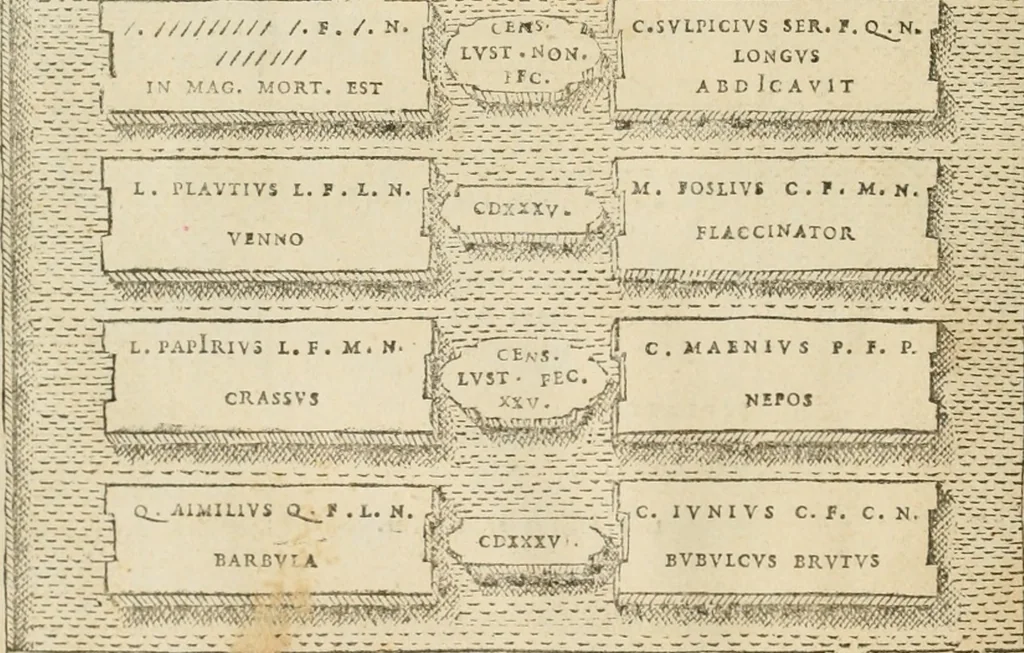 An illustration from Fastos magistratvvm et trivmphorvm Romanorvm ab vrbe condita ad Avgvsti obitvm, ex antiqvis tam nvmismatvm qvam marmorvm monvmentis restitvtos, 1566, leaf 93