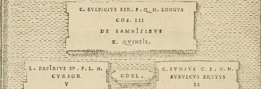 An illustration from Fastos magistratvvm et trivmphorvm Romanorvm ab vrbe condita ad Avgvsti obitvm, ex antiqvis tam nvmismatvm qvam marmorvm monvmentis restitvtos, 1566, leaf 95