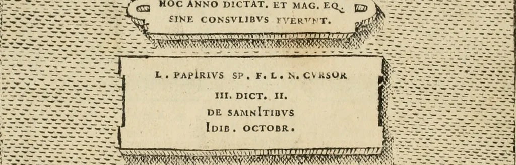An illustration from Fastos magistratvvm et trivmphorvm Romanorvm ab vrbe condita ad Avgvsti obitvm, ex antiqvis tam nvmismatvm qvam marmorvm monvmentis restitvtos, 1566, leaf 97