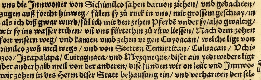 An illustration from Ferdinandi Cortesii. Von dem Newen Hispanien, so im Meer gegem Nidergang, Zwo gantz lustige vnnd fruchtreiche Historien, an den grossmächtigisten vnüberwindtlichisten Herren, Carolum. V. römischen Kaiser &c. Künig in Hispanien &c. ..., 1550, leaf 151