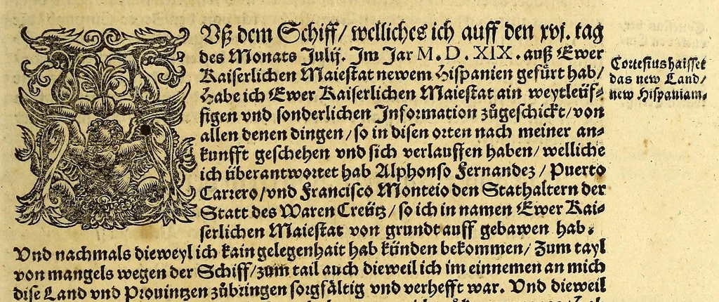 An illustration from Ferdinandi Cortesii. Von dem Newen Hispanien, so im Meer gegem Nidergang, Zwo gantz lustige vnnd fruchtreiche Historien, an den grossmächtigisten vnüberwindtlichisten Herren, Carolum. V. römischen Kaiser &c. Künig in Hispanien &c. ..., 1550, leaf 19