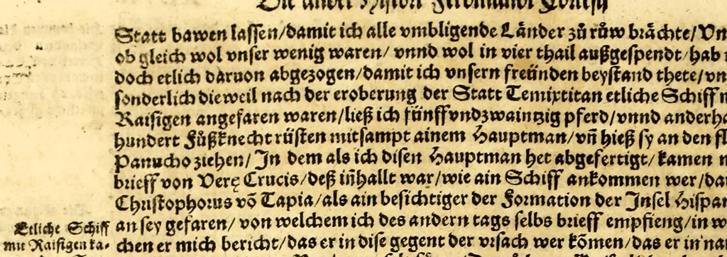 An illustration from Ferdinandi Cortesii. Von dem Newen Hispanien, so im Meer gegem Nidergang, Zwo gantz lustige vnnd fruchtreiche Historien, an den grossmächtigisten vnüberwindtlichisten Herren, Carolum. V. römischen Kaiser &c. Künig in Hispanien &c. ..., 1550, leaf 196