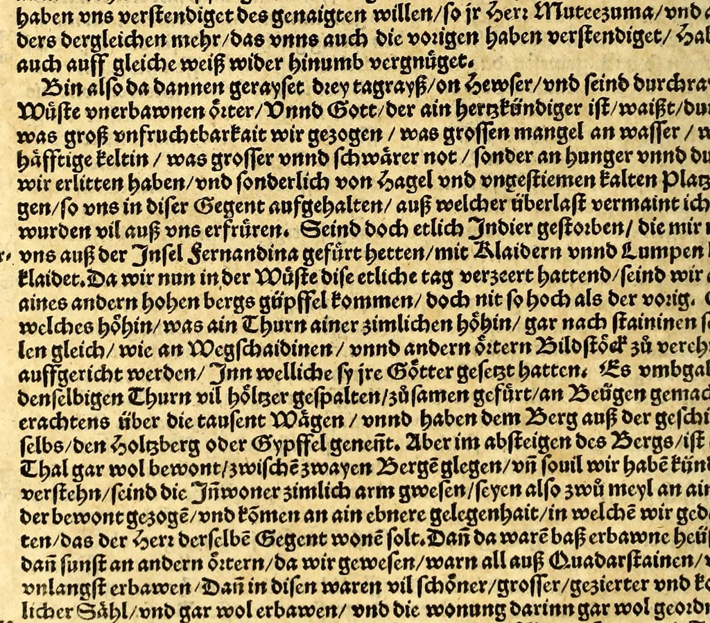 An illustration from Ferdinandi Cortesii. Von dem Newen Hispanien, so im Meer gegem Nidergang, Zwo gantz lustige vnnd fruchtreiche Historien, an den grossmächtigisten vnüberwindtlichisten Herren, Carolum. V. römischen Kaiser &c. Künig in Hispanien &c. ..., 1550, leaf 24