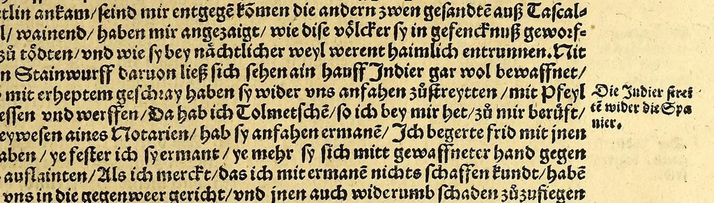 An illustration from Ferdinandi Cortesii. Von dem Newen Hispanien, so im Meer gegem Nidergang, Zwo gantz lustige vnnd fruchtreiche Historien, an den grossmächtigisten vnüberwindtlichisten Herren, Carolum. V. römischen Kaiser &c. Künig in Hispanien &c. ..., 1550, leaf 27