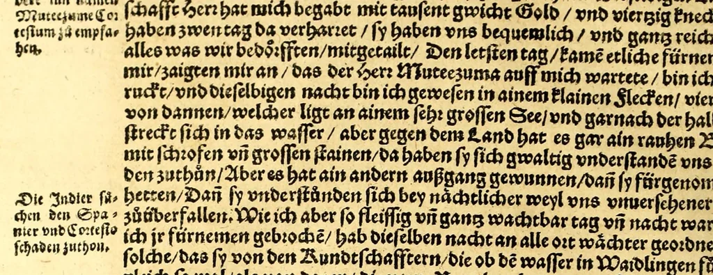 An illustration from Ferdinandi Cortesii. Von dem Newen Hispanien, so im Meer gegem Nidergang, Zwo gantz lustige vnnd fruchtreiche Historien, an den grossmächtigisten vnüberwindtlichisten Herren, Carolum. V. römischen Kaiser &c. Künig in Hispanien &c. ..., 1550, leaf 42