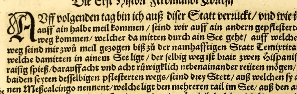 An illustration from Ferdinandi Cortesii. Von dem Newen Hispanien, so im Meer gegem Nidergang, Zwo gantz lustige vnnd fruchtreiche Historien, an den grossmächtigisten vnüberwindtlichisten Herren, Carolum. V. römischen Kaiser &c. Künig in Hispanien &c. ..., 1550, leaf 44