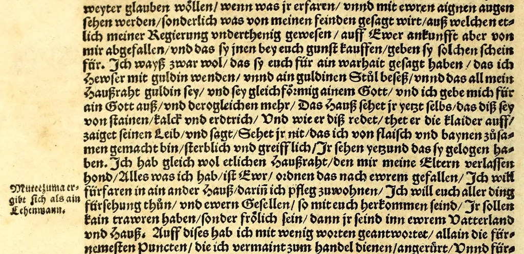 An illustration from Ferdinandi Cortesii. Von dem Newen Hispanien, so im Meer gegem Nidergang, Zwo gantz lustige vnnd fruchtreiche Historien, an den grossmächtigisten vnüberwindtlichisten Herren, Carolum. V. römischen Kaiser &c. Künig in Hispanien &c. ..., 1550, leaf 46