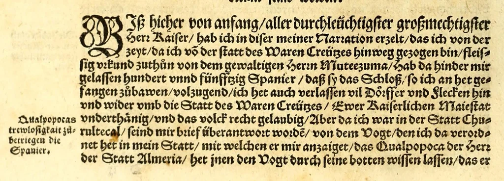 An illustration from Ferdinandi Cortesii. Von dem Newen Hispanien, so im Meer gegem Nidergang, Zwo gantz lustige vnnd fruchtreiche Historien, an den grossmächtigisten vnüberwindtlichisten Herren, Carolum. V. römischen Kaiser &c. Künig in Hispanien &c. ..., 1550, leaf 46