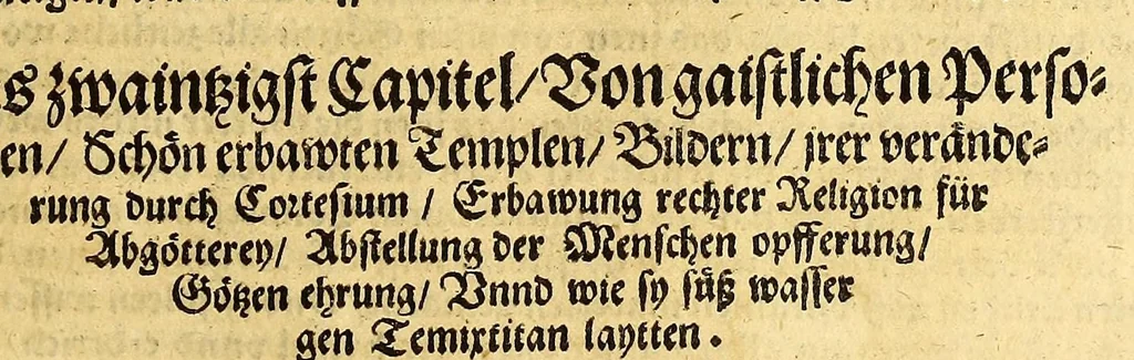 An illustration from Ferdinandi Cortesii. Von dem Newen Hispanien, so im Meer gegem Nidergang, Zwo gantz lustige vnnd fruchtreiche Historien, an den grossmächtigisten vnüberwindtlichisten Herren, Carolum. V. römischen Kaiser &c. Künig in Hispanien &c. ..., 1550, leaf 59