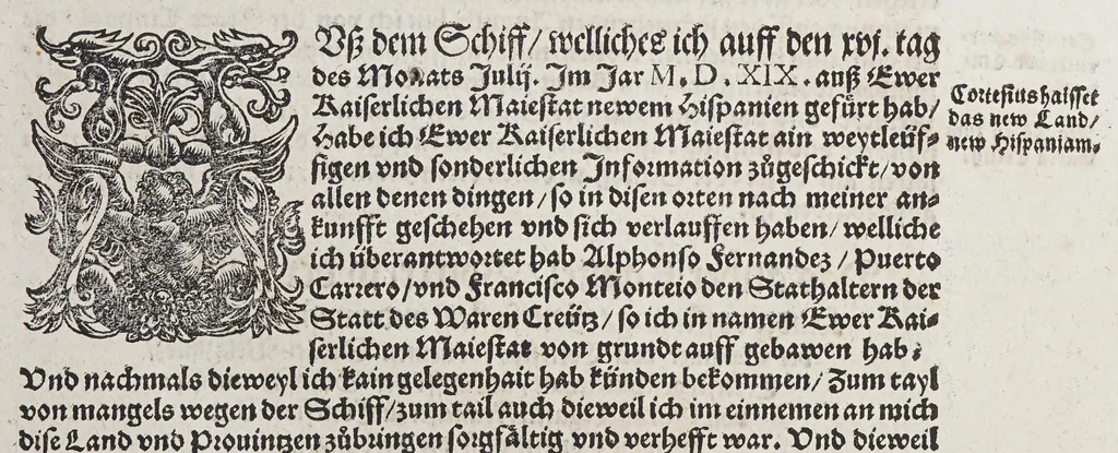 An illustration from Ferdinandi Cortesii. Von dem Newen Hispanien, so im Meer gegem Nidergang, Zwo gantz lustige vnnd fruchtreiche Historien, an den grossmächtigisten vnüberwindtlichisten Herren, Carolum. V. römischen Kaiser &c. Künig in Hispanien &c. ..., 1550, leaf 19