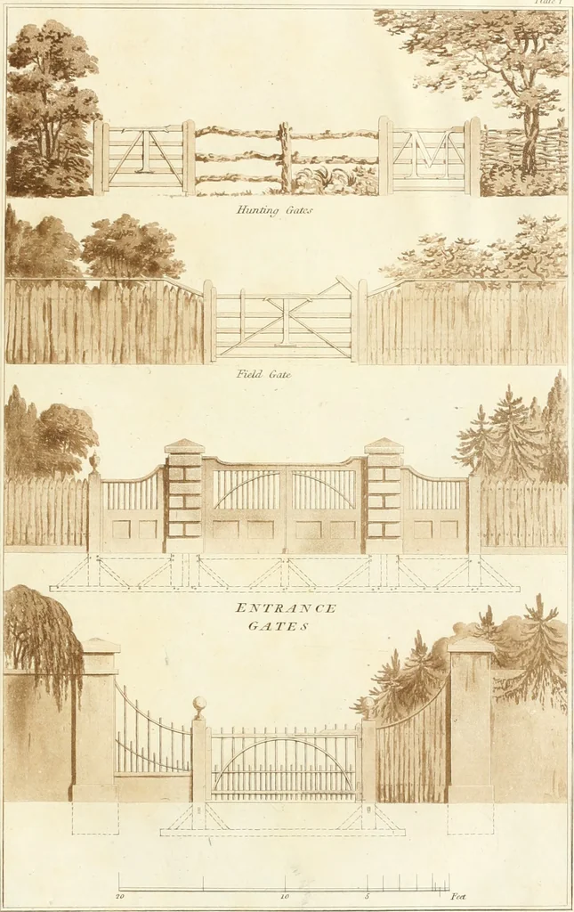 An illustration from Ferme ornée, or, Rural improvements : a series of domestic and ornamental designs, suited to parks, plantations, rides, walks, rivers, farms, &c. : consisting of fences, paddock houses, a bath, a dog-kennel, pavilions, farm-yards, fishing-houses, sporting-boxes, shooting-lodges, single and double cottages, &c. : calculated for landscape and picturesque effects, 1796, leaf 24