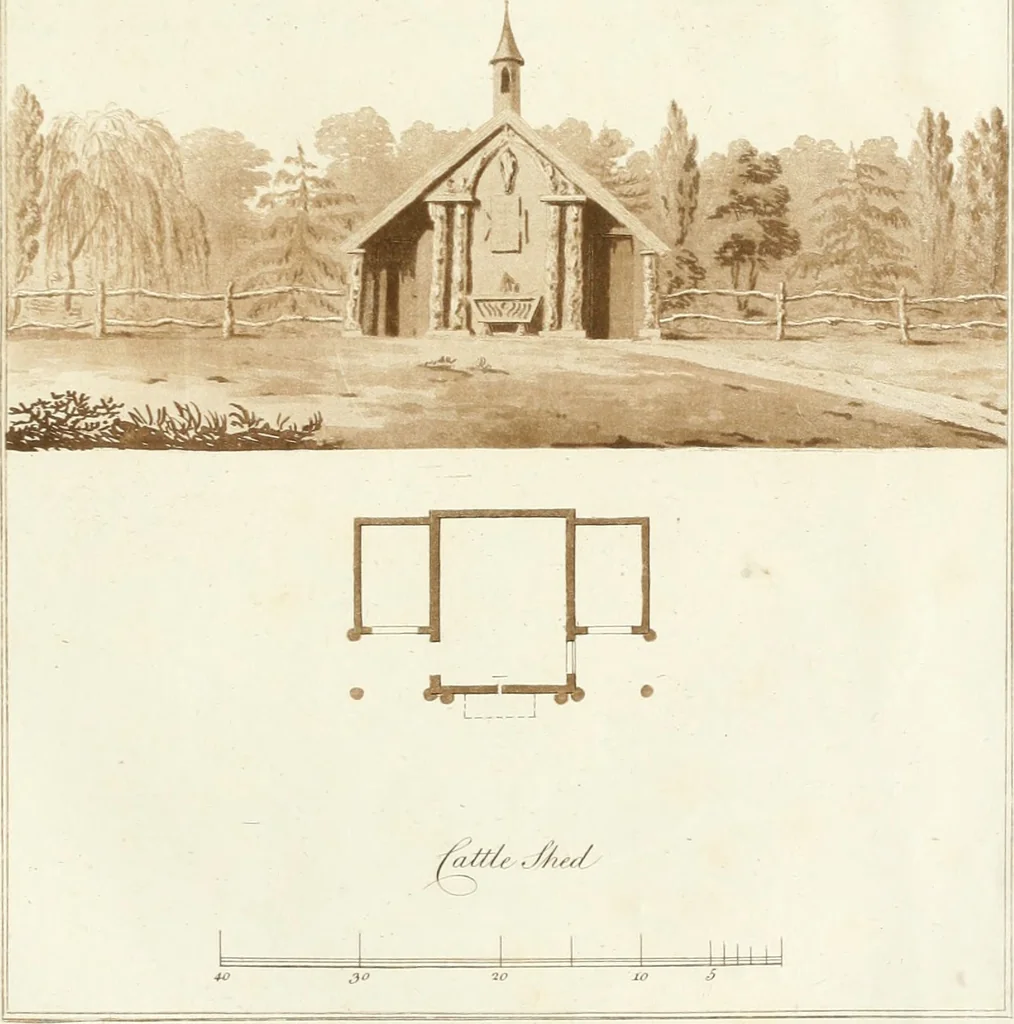 An illustration from Ferme ornée, or, Rural improvements : a series of domestic and ornamental designs, suited to parks, plantations, rides, walks, rivers, farms, &c. : consisting of fences, paddock houses, a bath, a dog-kennel, pavilions, farm-yards, fishing-houses, sporting-boxes, shooting-lodges, single and double cottages, &c. : calculated for landscape and picturesque effects, 1796, leaf 32