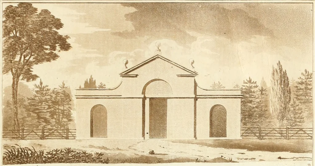 An illustration from Ferme ornée, or, Rural improvements : a series of domestic and ornamental designs, suited to parks, plantations, rides, walks, rivers, farms, &c. : consisting of fences, paddock houses, a bath, a dog-kennel, pavilions, farm-yards, fishing-houses, sporting-boxes, shooting-lodges, single and double cottages, &c. : calculated for landscape and picturesque effects, 1796, leaf 34