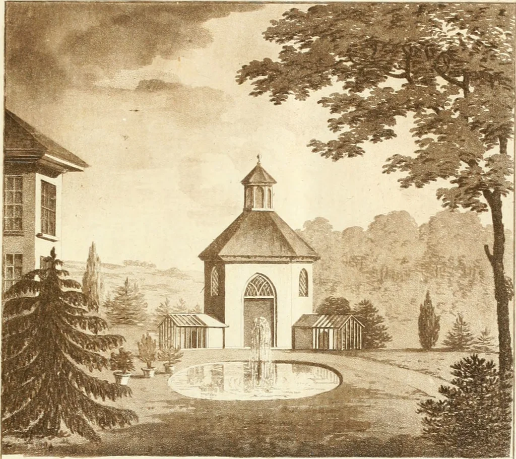 An illustration from Ferme ornée, or, Rural improvements : a series of domestic and ornamental designs, suited to parks, plantations, rides, walks, rivers, farms, &c. : consisting of fences, paddock houses, a bath, a dog-kennel, pavilions, farm-yards, fishing-houses, sporting-boxes, shooting-lodges, single and double cottages, &c. : calculated for landscape and picturesque effects, 1796, leaf 38