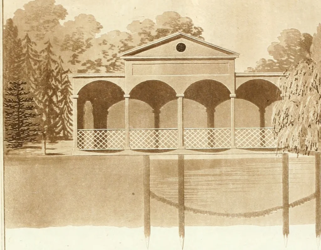 An illustration from Ferme ornée, or, Rural improvements : a series of domestic and ornamental designs, suited to parks, plantations, rides, walks, rivers, farms, &c. : consisting of fences, paddock houses, a bath, a dog-kennel, pavilions, farm-yards, fishing-houses, sporting-boxes, shooting-lodges, single and double cottages, &c. : calculated for landscape and picturesque effects, 1796, leaf 42
