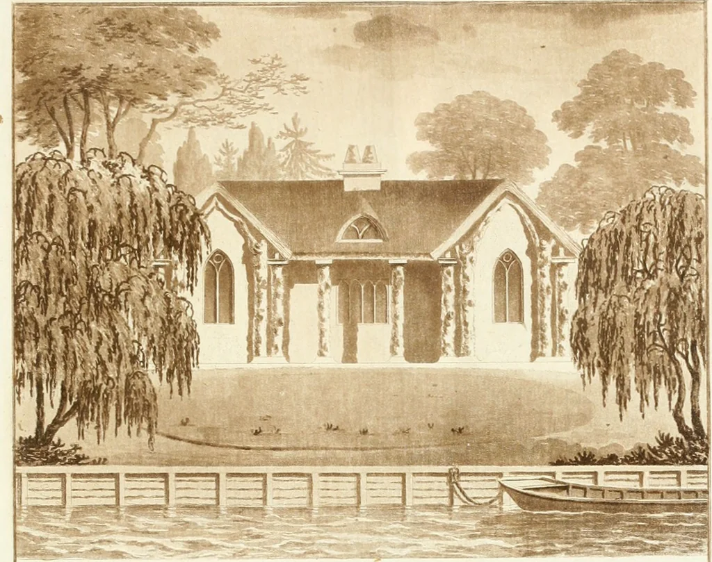 An illustration from Ferme ornée, or, Rural improvements : a series of domestic and ornamental designs, suited to parks, plantations, rides, walks, rivers, farms, &c. : consisting of fences, paddock houses, a bath, a dog-kennel, pavilions, farm-yards, fishing-houses, sporting-boxes, shooting-lodges, single and double cottages, &c. : calculated for landscape and picturesque effects, 1796, leaf 44