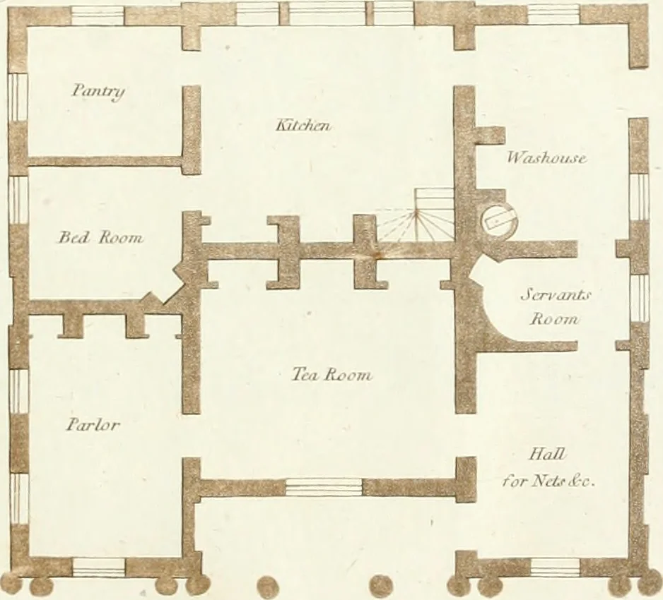 An illustration from Ferme ornée, or, Rural improvements : a series of domestic and ornamental designs, suited to parks, plantations, rides, walks, rivers, farms, &c. : consisting of fences, paddock houses, a bath, a dog-kennel, pavilions, farm-yards, fishing-houses, sporting-boxes, shooting-lodges, single and double cottages, &c. : calculated for landscape and picturesque effects, 1796, leaf 44