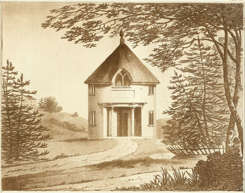 An illustration from Ferme ornée, or, Rural improvements : a series of domestic and ornamental designs, suited to parks, plantations, rides, walks, rivers, farms, &c. : consisting of fences, paddock houses, a bath, a dog-kennel, pavilions, farm-yards, fishing-houses, sporting-boxes, shooting-lodges, single and double cottages, &c. : calculated for landscape and picturesque effects, 1796, leaf 48