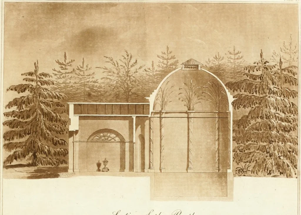 An illustration from Ferme ornée, or, Rural improvements : a series of domestic and ornamental designs, suited to parks, plantations, rides, walks, rivers, farms, &c. : consisting of fences, paddock houses, a bath, a dog-kennel, pavilions, farm-yards, fishing-houses, sporting-boxes, shooting-lodges, single and double cottages, &c. : calculated for landscape and picturesque effects, 1796, leaf 52