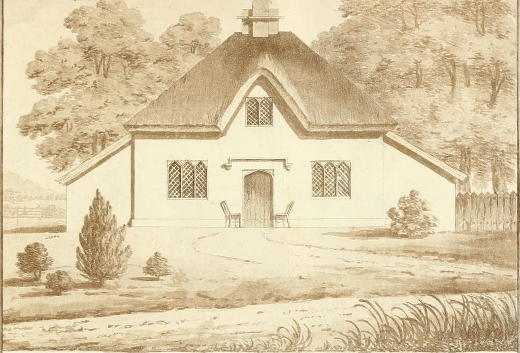 An illustration from Ferme ornée, or, Rural improvements : a series of domestic and ornamental designs, suited to parks, plantations, rides, walks, rivers, farms, &c. : consisting of fences, paddock houses, a bath, a dog-kennel, pavilions, farm-yards, fishing-houses, sporting-boxes, shooting-lodges, single and double cottages, &c. : calculated for landscape and picturesque effects, 1796, leaf 54
