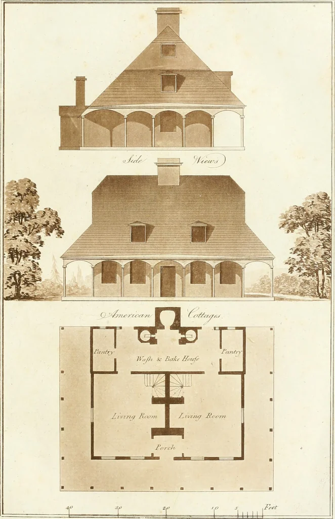 An illustration from Ferme ornée, or, Rural improvements : a series of domestic and ornamental designs, suited to parks, plantations, rides, walks, rivers, farms, &c. : consisting of fences, paddock houses, a bath, a dog-kennel, pavilions, farm-yards, fishing-houses, sporting-boxes, shooting-lodges, single and double cottages, &c. : calculated for landscape and picturesque effects, 1796, leaf 56