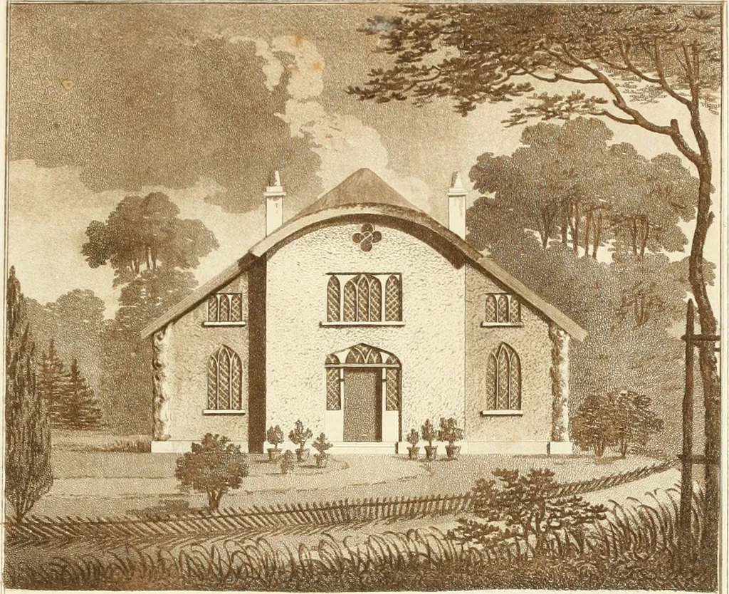 An illustration from Ferme ornée, or, Rural improvements : a series of domestic and ornamental designs, suited to parks, plantations, rides, walks, rivers, farms, &c. : consisting of fences, paddock houses, a bath, a dog-kennel, pavilions, farm-yards, fishing-houses, sporting-boxes, shooting-lodges, single and double cottages, &c. : calculated for landscape and picturesque effects, 1796, leaf 58