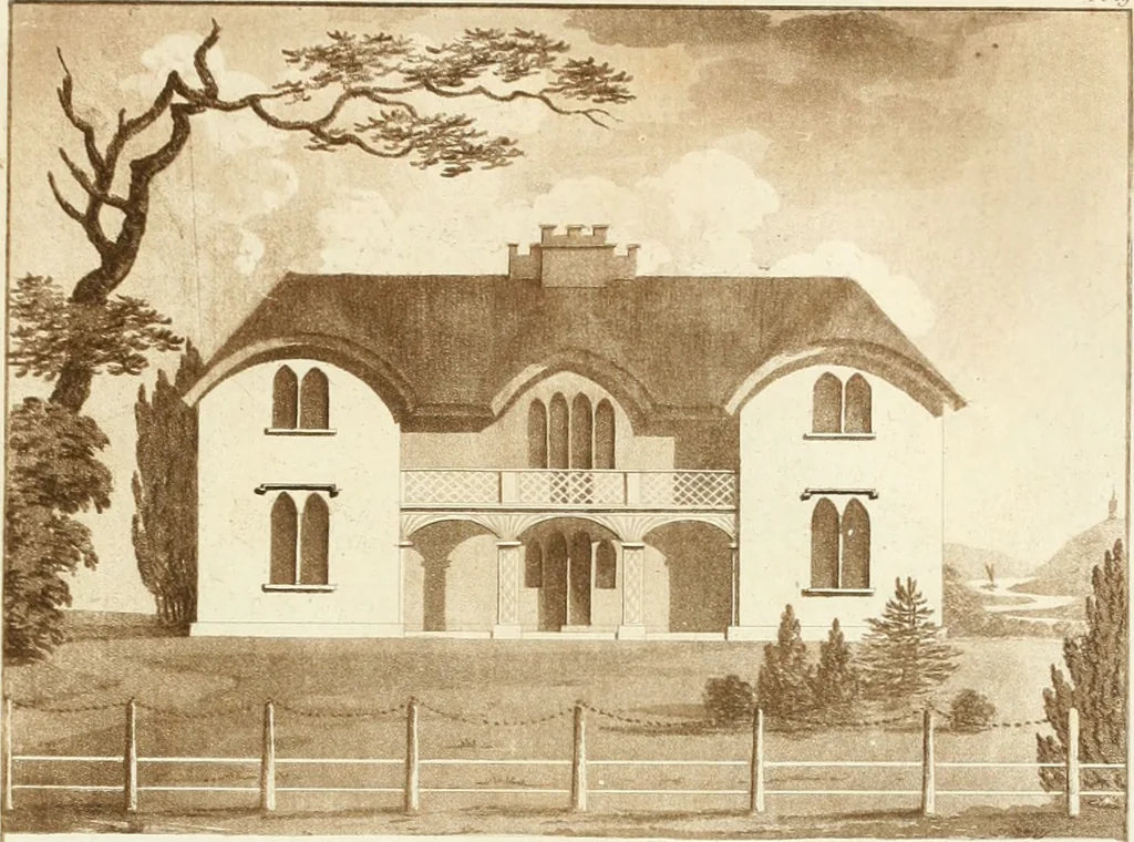 An illustration from Ferme ornée, or, Rural improvements : a series of domestic and ornamental designs, suited to parks, plantations, rides, walks, rivers, farms, &c. : consisting of fences, paddock houses, a bath, a dog-kennel, pavilions, farm-yards, fishing-houses, sporting-boxes, shooting-lodges, single and double cottages, &c. : calculated for landscape and picturesque effects, 1796, leaf 60