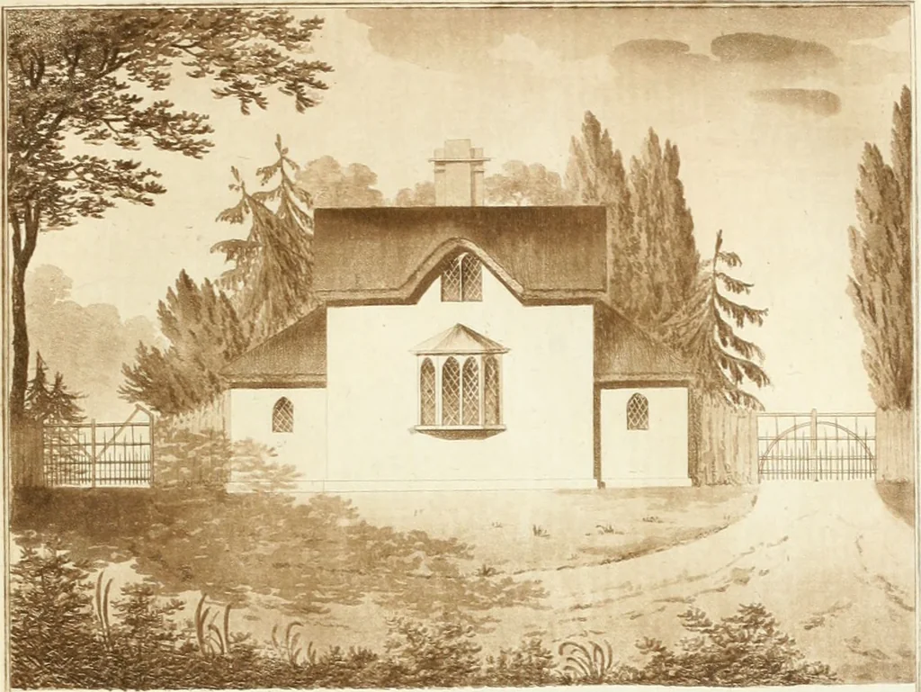 An illustration from Ferme ornée, or, Rural improvements : a series of domestic and ornamental designs, suited to parks, plantations, rides, walks, rivers, farms, &c. : consisting of fences, paddock houses, a bath, a dog-kennel, pavilions, farm-yards, fishing-houses, sporting-boxes, shooting-lodges, single and double cottages, &c. : calculated for landscape and picturesque effects, 1796, leaf 64