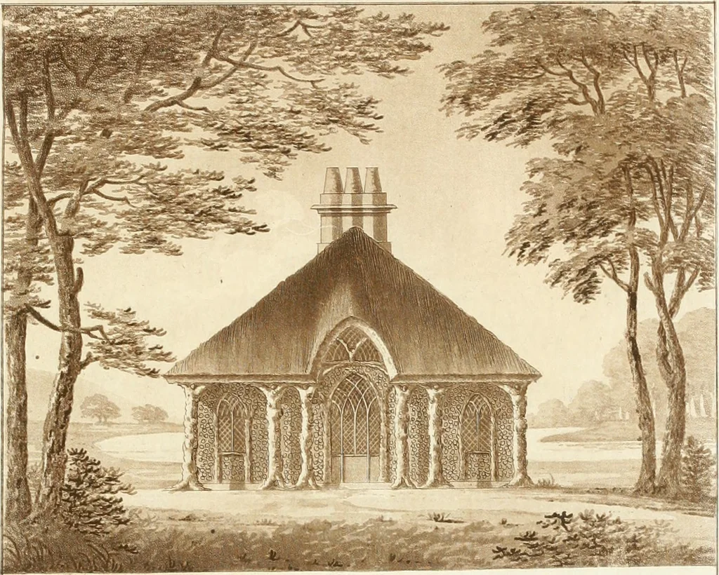 An illustration from Ferme ornée, or, Rural improvements : a series of domestic and ornamental designs, suited to parks, plantations, rides, walks, rivers, farms, &c. : consisting of fences, paddock houses, a bath, a dog-kennel, pavilions, farm-yards, fishing-houses, sporting-boxes, shooting-lodges, single and double cottages, &c. : calculated for landscape and picturesque effects, 1796, leaf 66