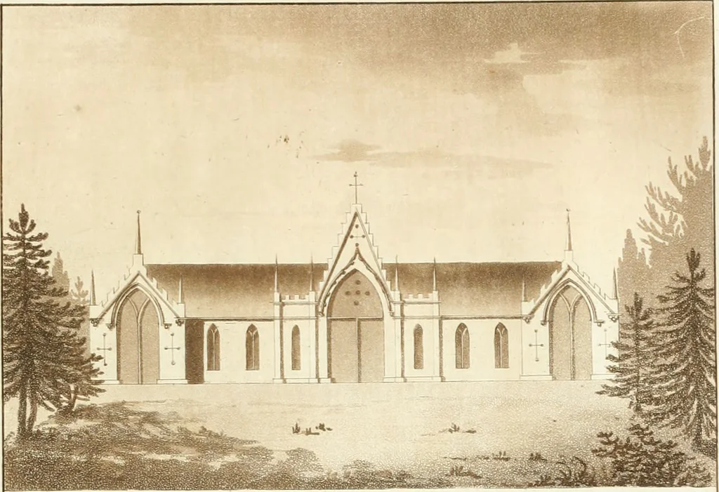 An illustration from Ferme ornée, or, Rural improvements : a series of domestic and ornamental designs, suited to parks, plantations, rides, walks, rivers, farms, &c. : consisting of fences, paddock houses, a bath, a dog-kennel, pavilions, farm-yards, fishing-houses, sporting-boxes, shooting-lodges, single and double cottages, &c. : calculated for landscape and picturesque effects, 1796, leaf 78