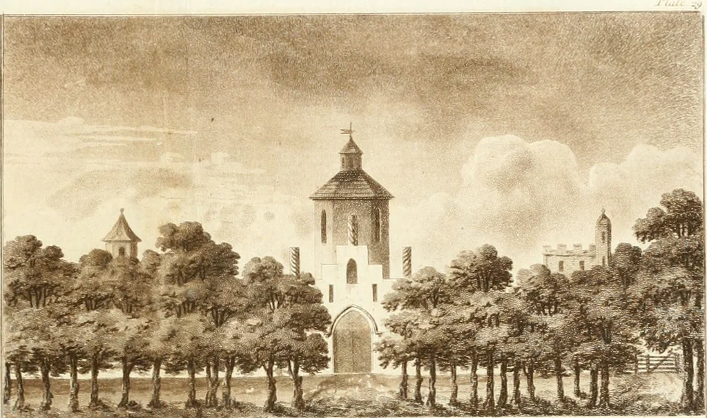 An illustration from Ferme ornée, or, Rural improvements : a series of domestic and ornamental designs, suited to parks, plantations, rides, walks, rivers, farms, &c. : consisting of fences, paddock houses, a bath, a dog-kennel, pavilions, farm-yards, fishing-houses, sporting-boxes, shooting-lodges, single and double cottages, &c. : calculated for landscape and picturesque effects, 1796, leaf 80
