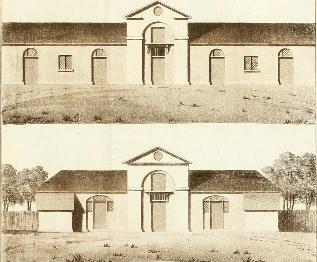 An illustration from Ferme ornée, or, Rural improvements : a series of domestic and ornamental designs, suited to parks, plantations, rides, walks, rivers, farms, &c. : consisting of fences, paddock houses, a bath, a dog-kennel, pavilions, farm-yards, fishing-houses, sporting-boxes, shooting-lodges, single and double cottages, &c. : calculated for landscape and picturesque effects, 1796, leaf 82