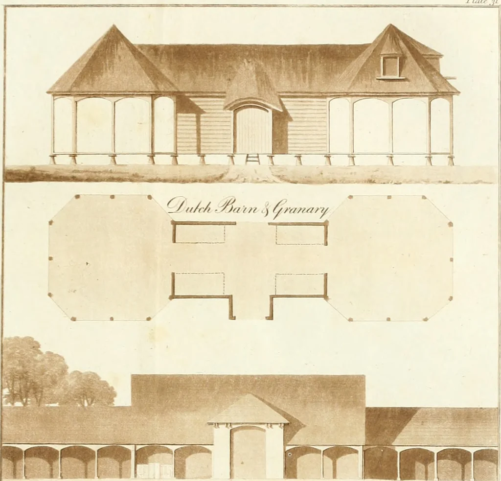 An illustration from Ferme ornée, or, Rural improvements : a series of domestic and ornamental designs, suited to parks, plantations, rides, walks, rivers, farms, &c. : consisting of fences, paddock houses, a bath, a dog-kennel, pavilions, farm-yards, fishing-houses, sporting-boxes, shooting-lodges, single and double cottages, &c. : calculated for landscape and picturesque effects, 1796, leaf 84