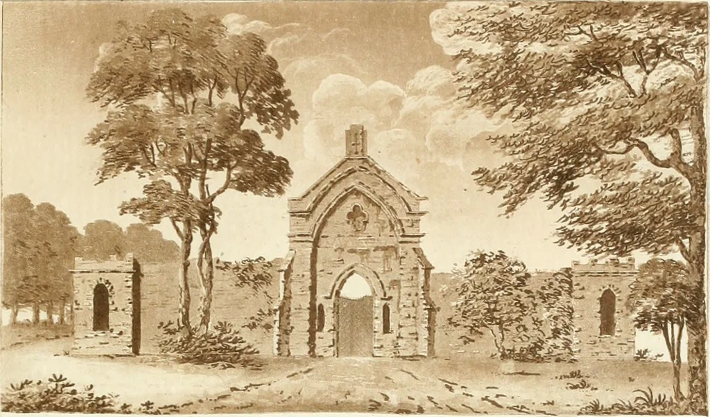 An illustration from Ferme ornée, or, Rural improvements : a series of domestic and ornamental designs, suited to parks, plantations, rides, walks, rivers, farms, &c. : consisting of fences, paddock houses, a bath, a dog-kennel, pavilions, farm-yards, fishing-houses, sporting-boxes, shooting-lodges, single and double cottages, &c. : calculated for landscape and picturesque effects, 1796, leaf 94