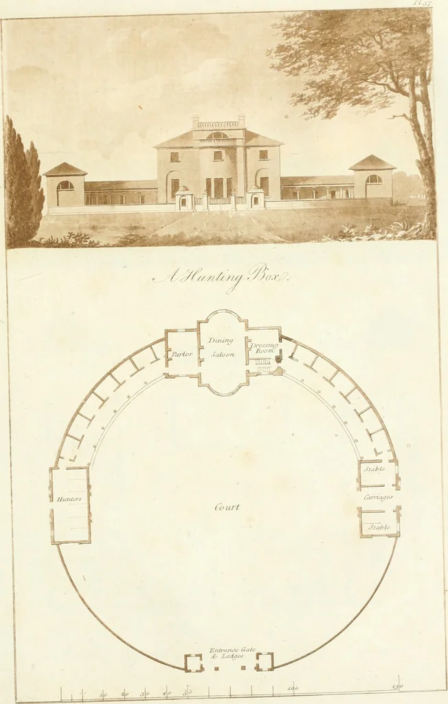 An illustration from Ferme ornée, or, Rural improvements : a series of domestic and ornamental designs, suited to parks, plantations, rides, walks, rivers, farms, &c. : consisting of fences, paddock houses, a bath, a dog-kennel, pavilions, farm-yards, fishing-houses, sporting-boxes, shooting-lodges, single and double cottages, &c. : calculated for landscape and picturesque effects, 1796, leaf 96