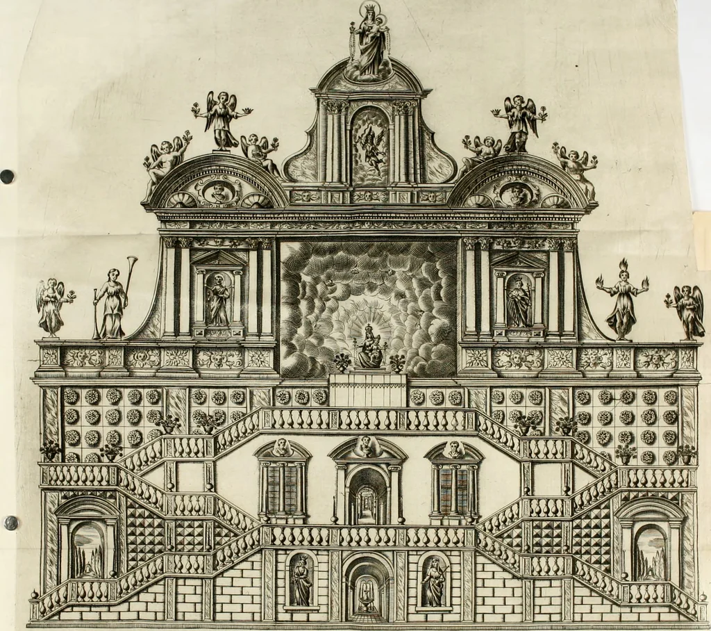 An illustration from Ferrara trionfante, per la coronazione della B.ma Vergine del Rosario celebrata l'anno 1638. Con apparato di teatro, di macchine, e di musica componimento dell'eccellentiss. sig. d. Ascanio Pio di Savoia. Donato dal medesimo signore alla Compagnia del Santiss. Rosario eretta anticamente in Ferrara nella Chiesa di S. Domenico de reuerendi Padri Predicatori, 1662, leaf 18