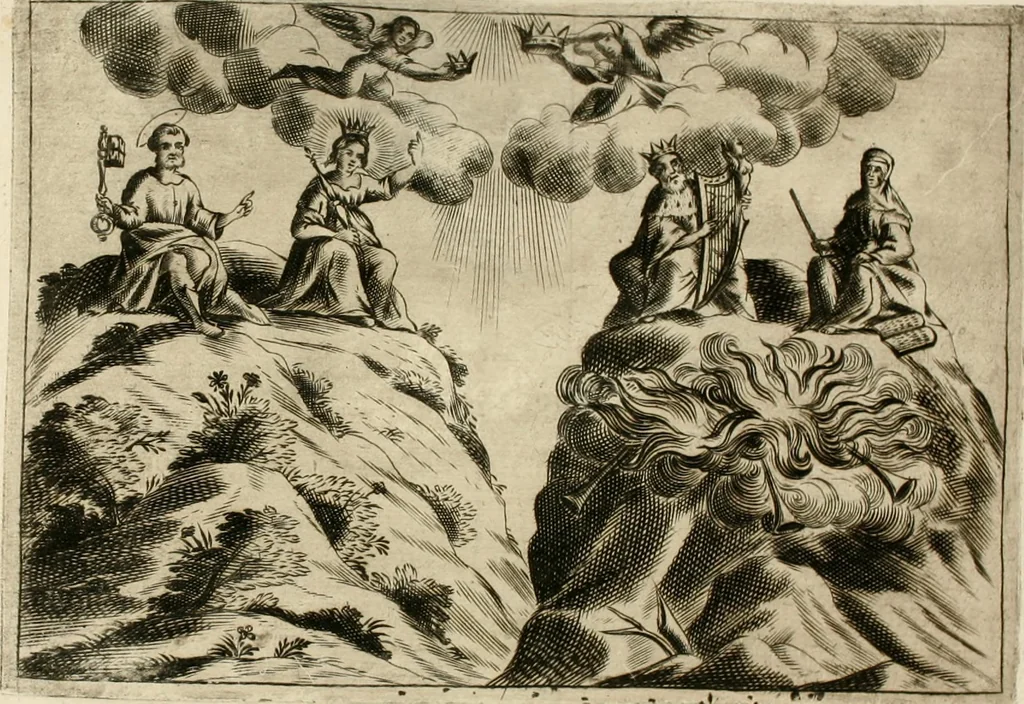 An illustration from Ferrara trionfante, per la coronazione della B.ma Vergine del Rosario celebrata l'anno 1638. Con apparato di teatro, di macchine, e di musica componimento dell'eccellentiss. sig. d. Ascanio Pio di Savoia. Donato dal medesimo signore alla Compagnia del Santiss. Rosario eretta anticamente in Ferrara nella Chiesa di S. Domenico de reuerendi Padri Predicatori, 1662, leaf 33