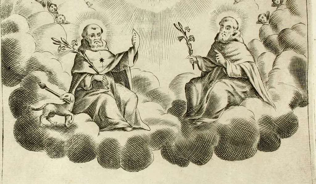 An illustration from Ferrara trionfante, per la coronazione della B.ma Vergine del Rosario celebrata l'anno 1638. Con apparato di teatro, di macchine, e di musica componimento dell'eccellentiss. sig. d. Ascanio Pio di Savoia. Donato dal medesimo signore alla Compagnia del Santiss. Rosario eretta anticamente in Ferrara nella Chiesa di S. Domenico de reuerendi Padri Predicatori, 1662, leaf 45